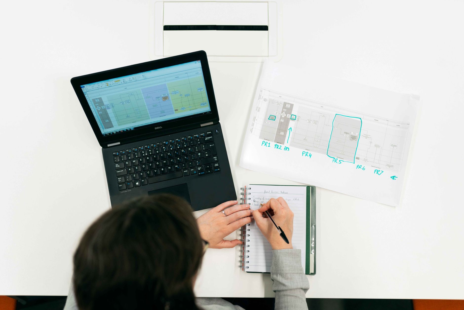 Laptop displaying a node-based workflow automation editor on a wooden desk